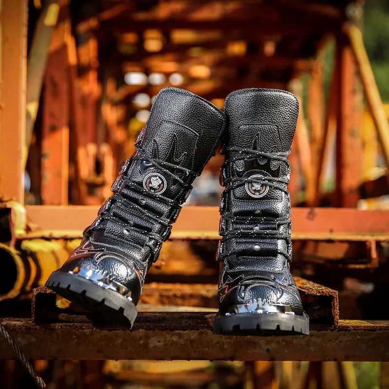 Botas de moto de invierno para hombre, zapatos Punk Rock Punk a media pantorrilla a la moda, de cuero PU, color negro, botas informales altas para hombre 38-46, 2022