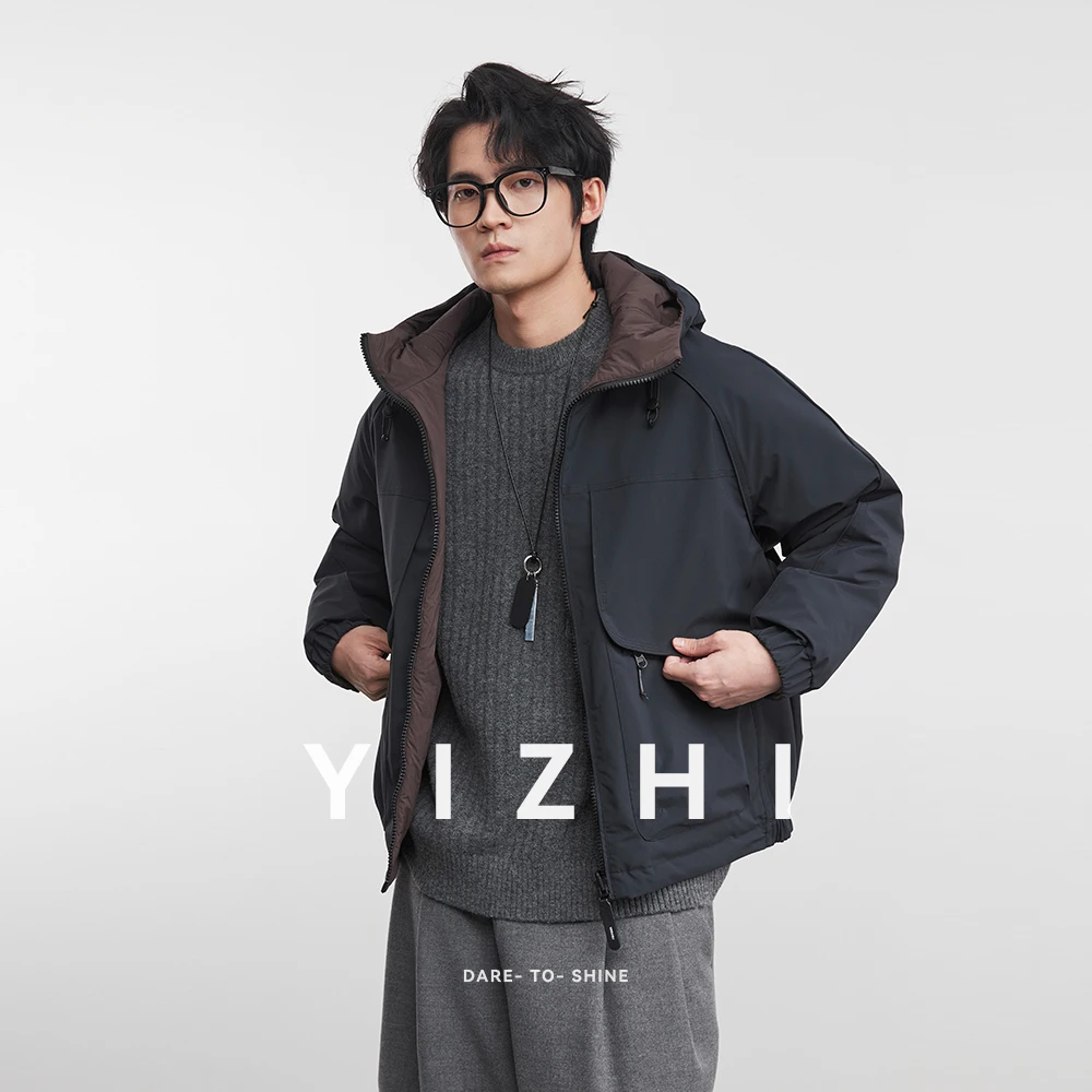 

Fashion Men's Reversible Hooded Down Cotton Jacket 2025 Winter New Outdoor Windproof Waterproof Raglan Shoulder Drape Jacket