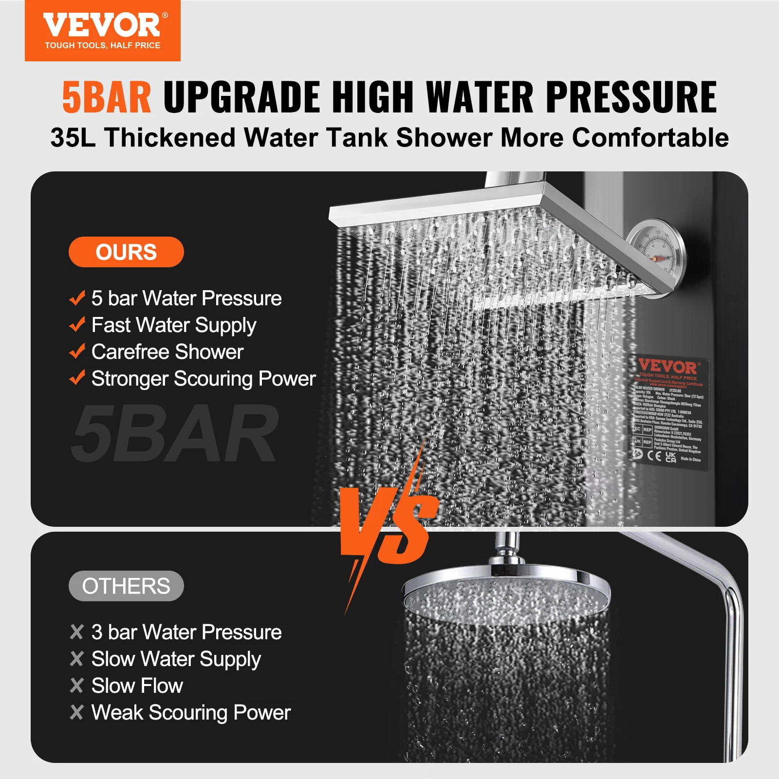 VEVOR Outdoor Solar Heated Shower 35/40L Shower Kit with Head and Foot Tap Double Buckle for Outdoor Backyard Poolside Beach Spa