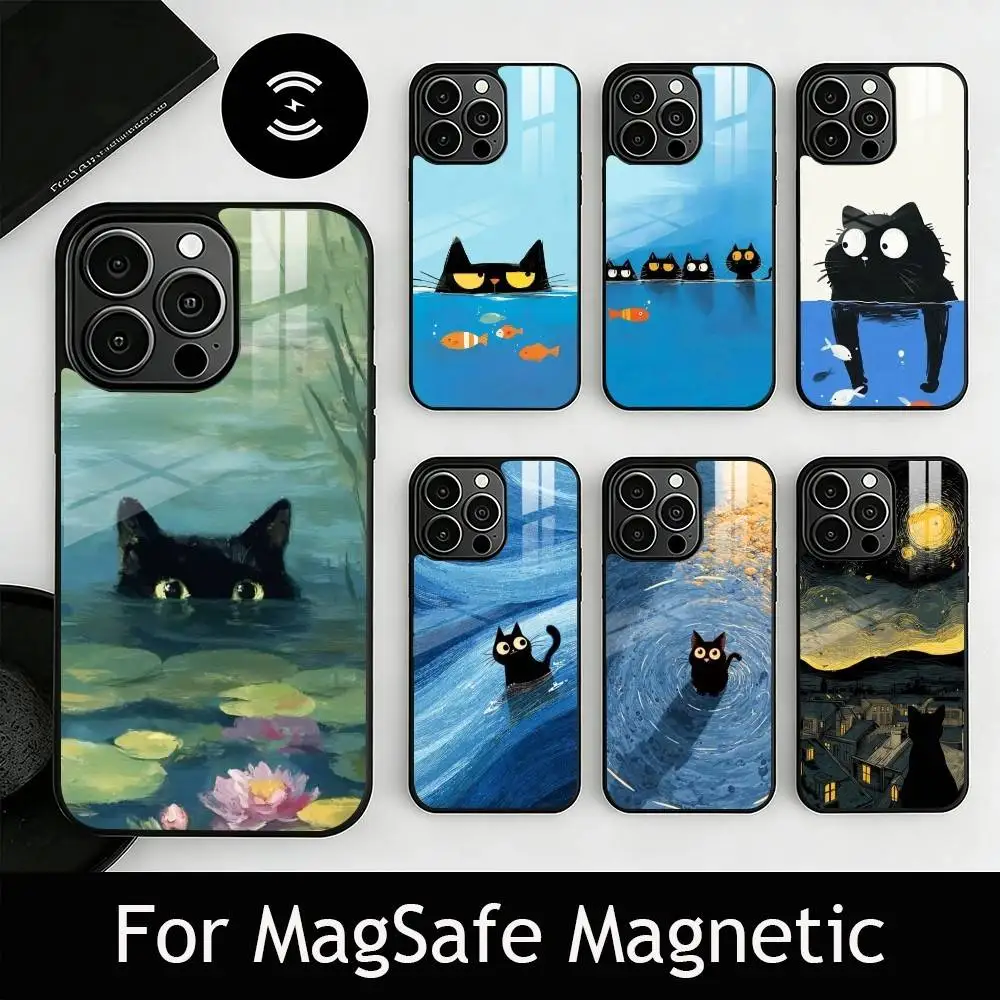 

Cute Black Cat Illustration Phone Case For iPhone17,16,15,14,13,12,11 Plus,Pro Magnetic For Magsafe Wireless Charging