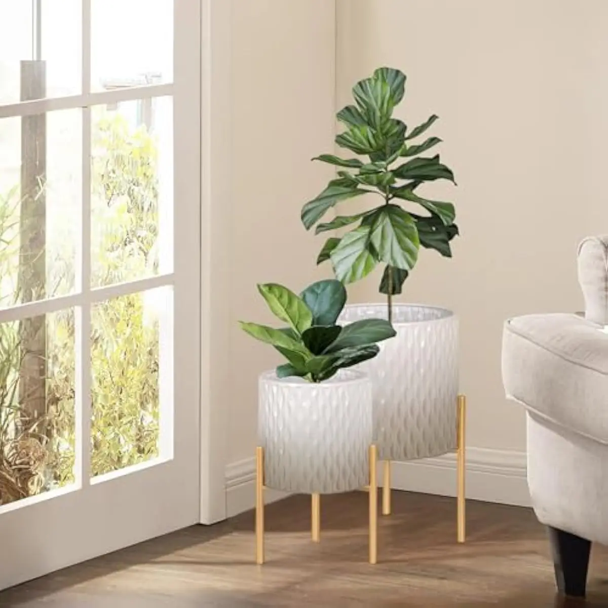 Metal Planters with Gold Stands Set of Two | Mid-Century Inspired Gradient Grey White Finish | Rustproof Drainage Design | Folda