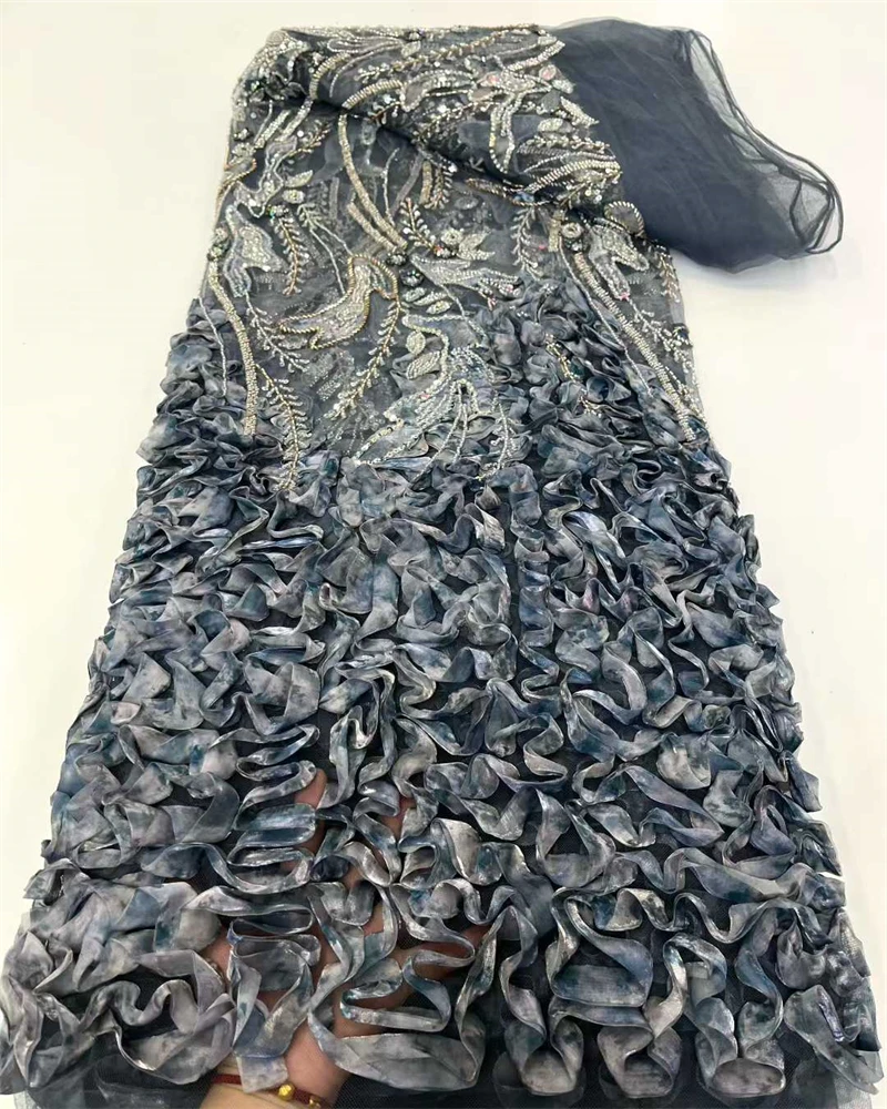 Tessuto africano con perline di fiori 3D, ricamo di paillettes, tulle francese, tessuto di pizzo a rete per matrimonio, moda di lusso