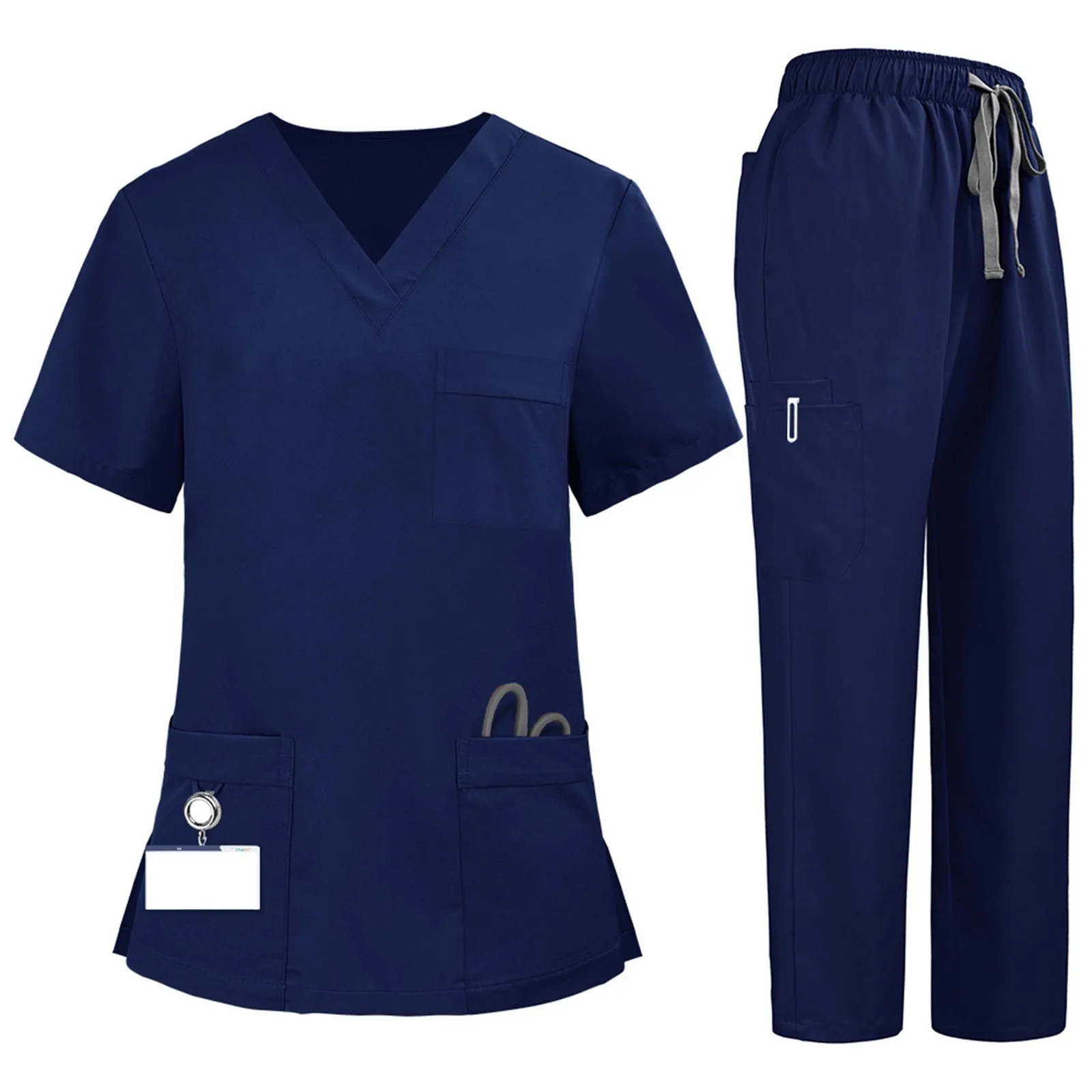 Uniforme de enfermera médica Unisex, ropa de trabajo, tela de secado rápido, Color sólido, cuello en V, pantalones cortos con bolsillo, conjunto de pantalones superiores