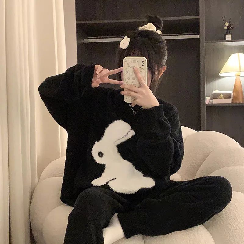 

Women's Flannel Pajama Set Cute Solid Color Winter Warm Sleepwear Cozy Comfortable Loungewear Homewear New Nightwear Suit