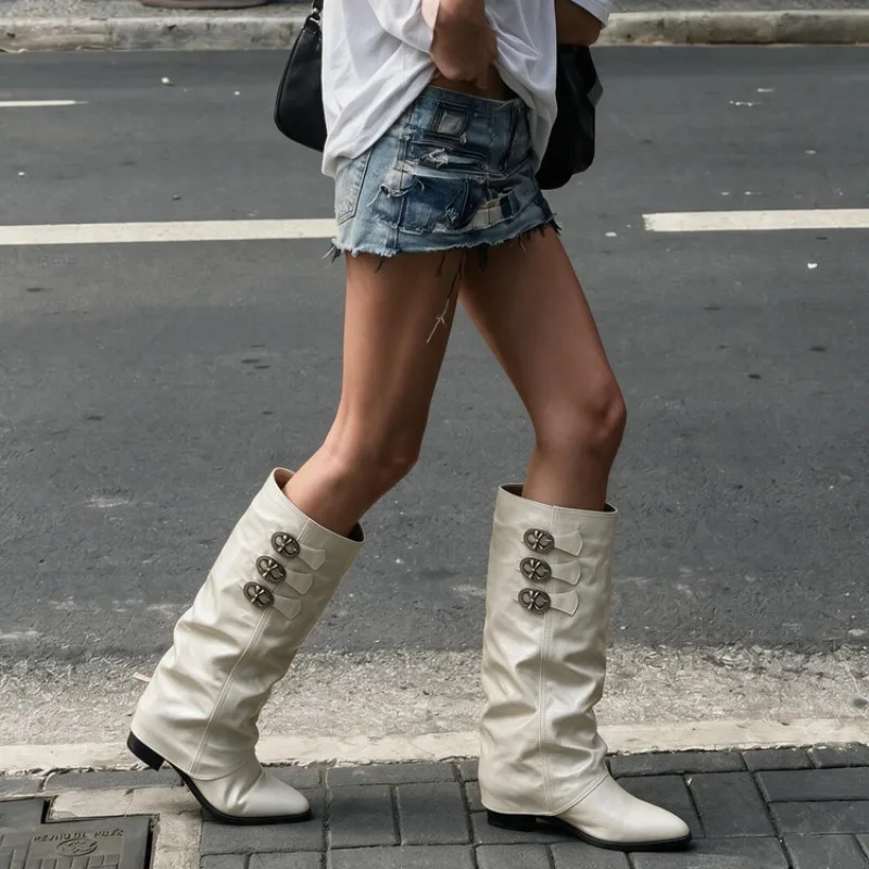 2026 Spring and Autumn New Buckle Pointed Long tube Fashion Boots Thick Heel Western Cowboy Folded Stacked Boots