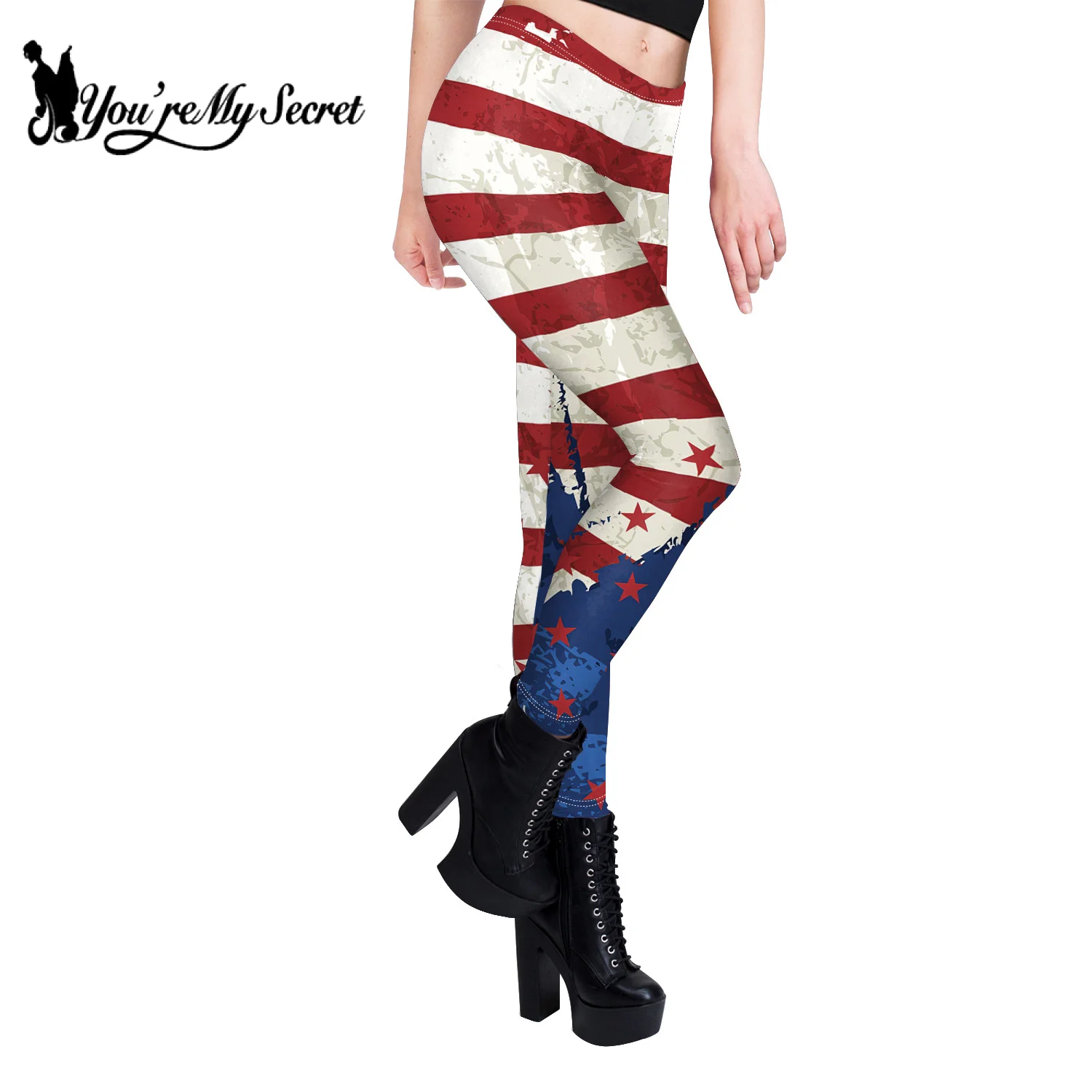 [You're My Secret] Women American Flag Stripe Star Print Leggings High Waist Push Up Workout Tights Sexy Pants Elastic Female