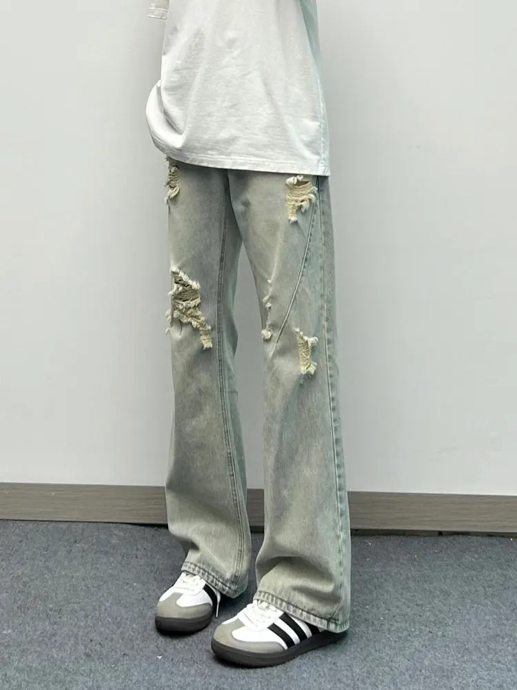 

American Style Mud Dye Washed Men's Jeans Trendy Street High Street Loose Straight Leg Bell Bottoms Youth Summer Casual Jeans