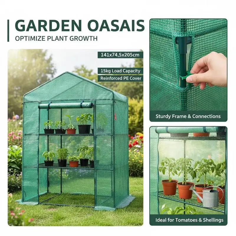 Walk-in Green House, 4.6 x 2.4 x 6.7 ft, Greenhouse with Shelves, High Strength PE Cover with Doors, Windows and Steel Frame, Set Up in Minutes, for Planting and Storage