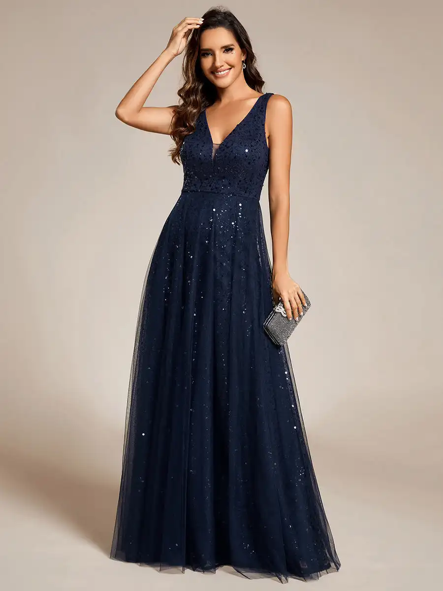 

Gorgeous Evening Dresses V-Neck Sleeveless High-Waist See-Through Sequin Tulle 2024 Ever Pretty of Navy Blue Bridesmaid Dress