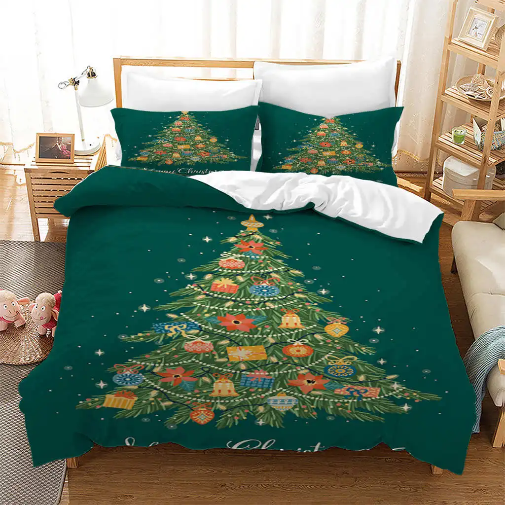 1pc Duvet Cover 2pillowcase Christmas Theme Tree Happy New Year Scene Decor Comforter Cover for Family Teens Gift Bedroom Decor