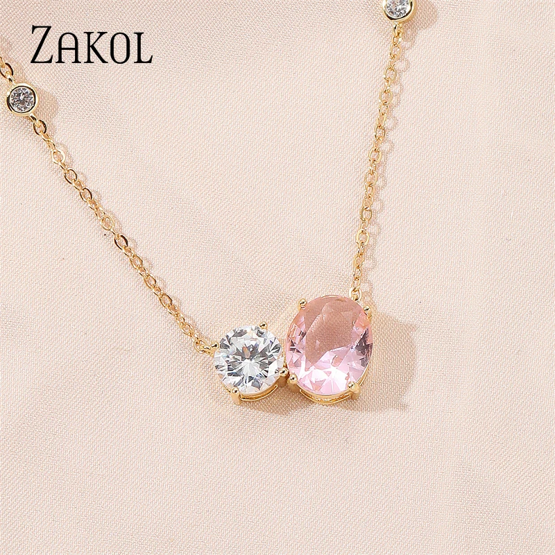 ZAKOL New Fashion Pink Oval Cubic Zirconia Pendant Necklaces for Women Geometric Gold Color Choker Girls Party Jewelry