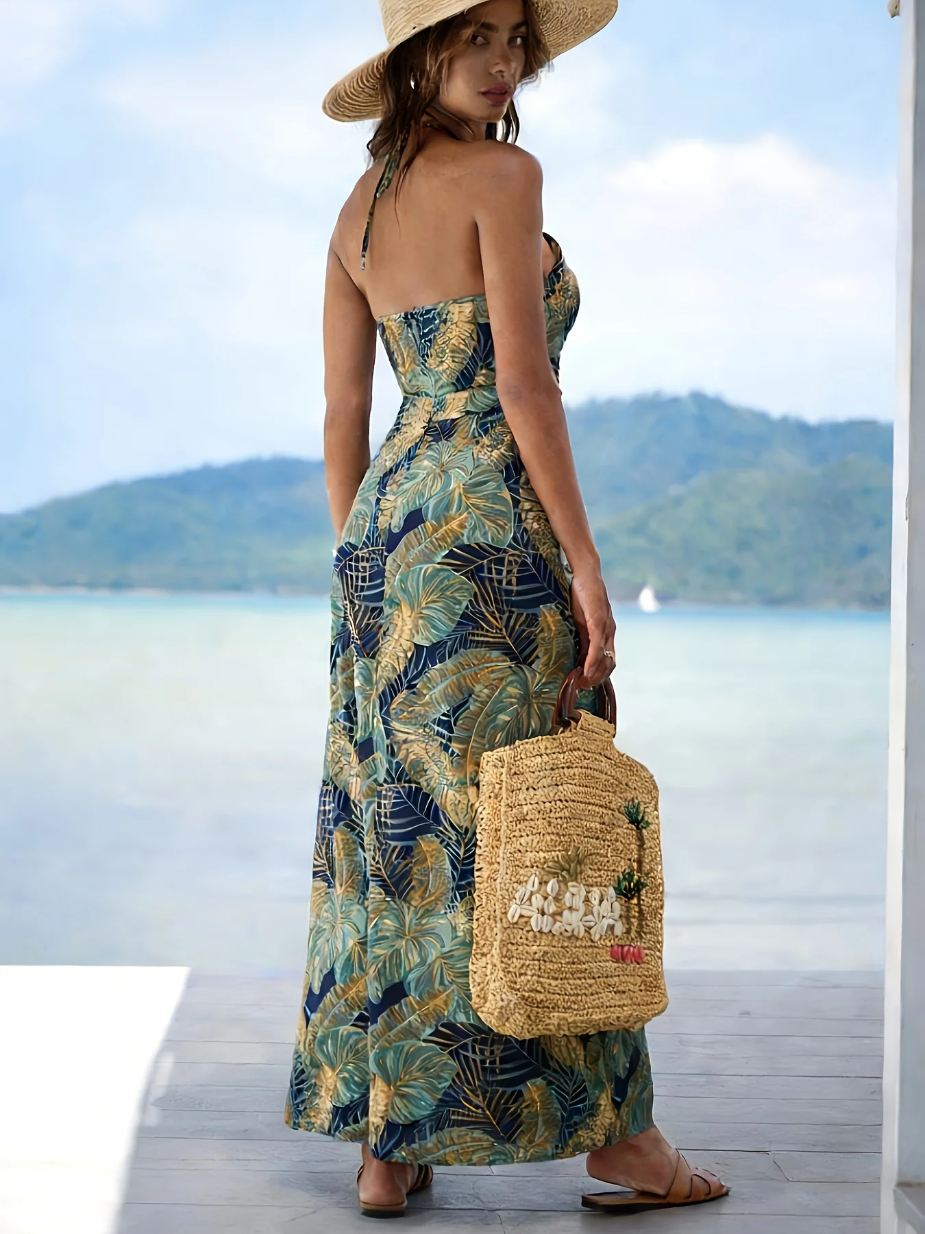 Set da donna in 2 pezzi con stampa di foglie tropicali, top con scollo all'americana e gonna longuette con spacco laterale, completo da vacanza casual