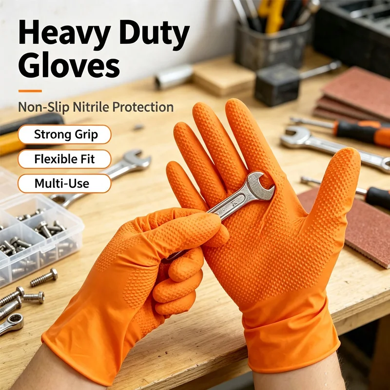 30/50PCS Heavy Duty 8Mil Orange Nitrile Gloves Industrial Tear-Resistant Diamond Textured For Mechanic Safety & Work Glove