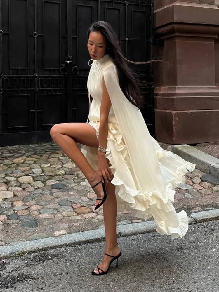 Stunning Shiny Ruffles Lace Up Mini Dress Chic Loose Hollow Out A-line Pleated Vestidos Lady Summer Party Gowns 2026 Spring New image 2