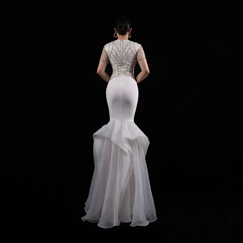 White Minimalist Evening Dress Custom Fashionable Short Sleeve Handmade Beading Lace Skirt Hem Elegant Party Gown H208-1