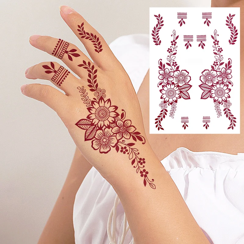 Maroon Henna Tattoo Stickers for Hand and Body Flower Temporary Tattoos for Women FakeTattoo for Wedding Festival