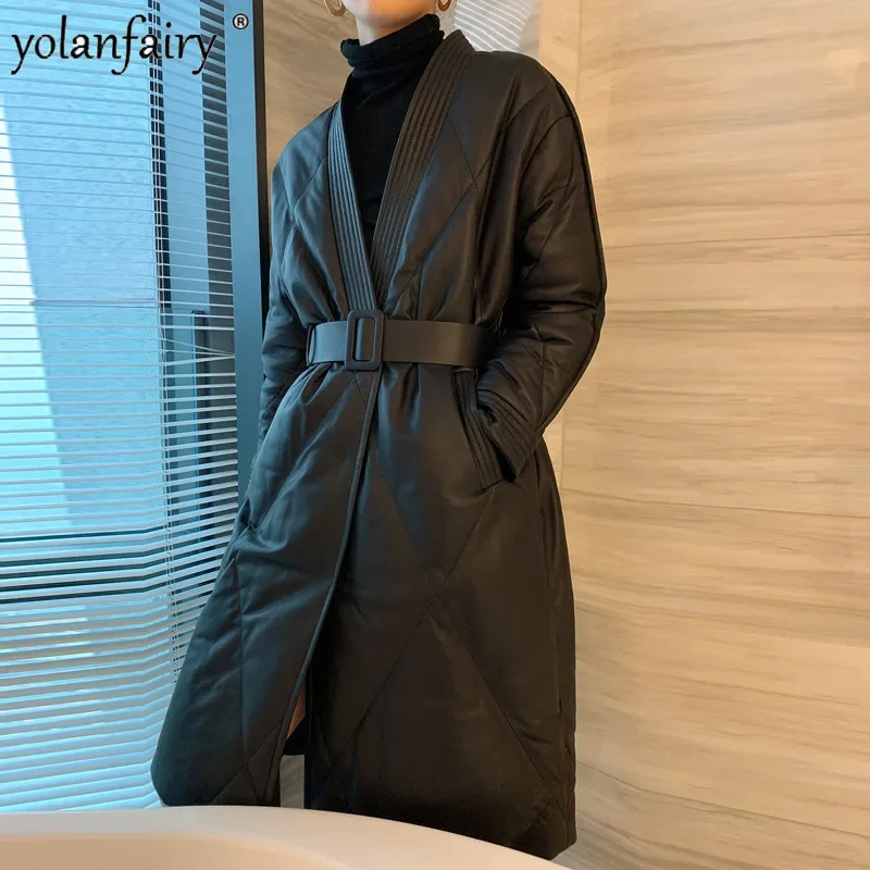 FTY-Doudoune en cuir véritable pour femme, manteau en peau de mouton naturelle, mi-long, combinaison noire, taille optique féminine, vestes d'hiver