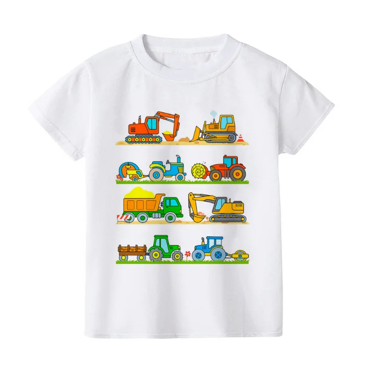 Summer Children Tshirt Construction Machines Print Clothes TractorWork Zone Kids Short Sleeved Tee Tops