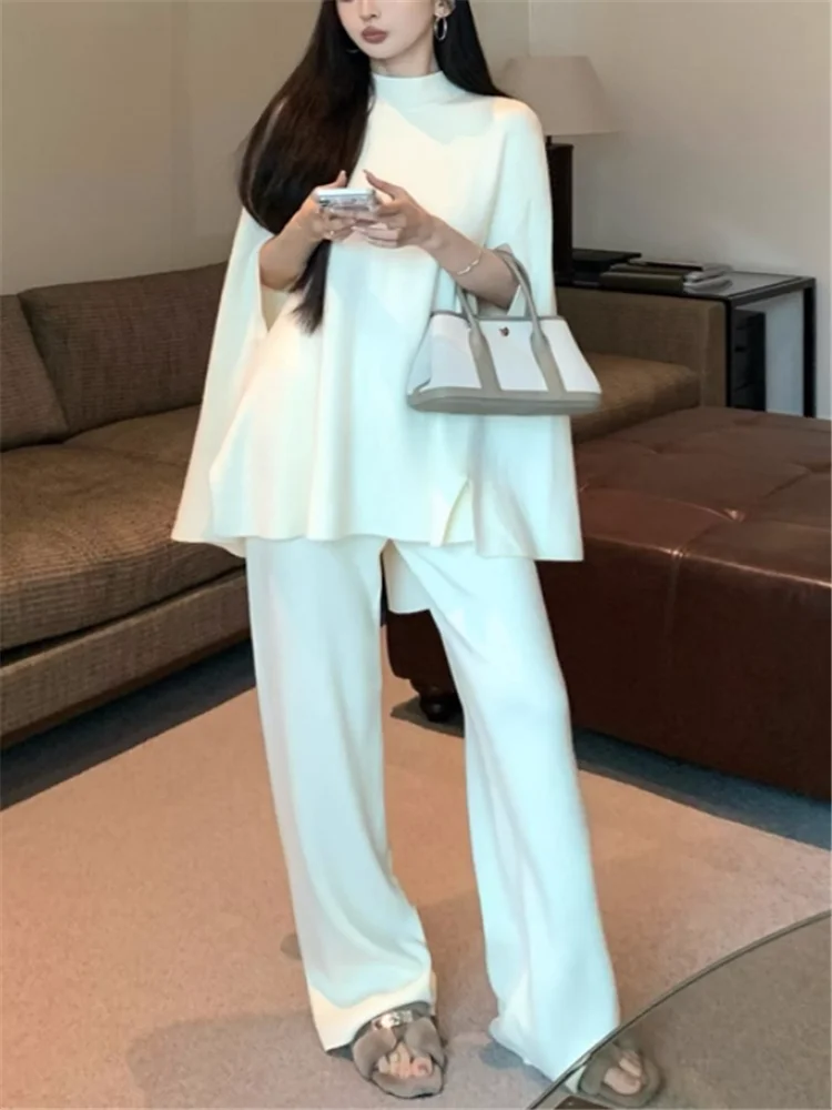 Lazy Style Black White Women Two Piece Sets Half Turtleneck Knitted Loose Sweater Cloak&Wide Leg Pants Suits Casual 2pc Knitwear
