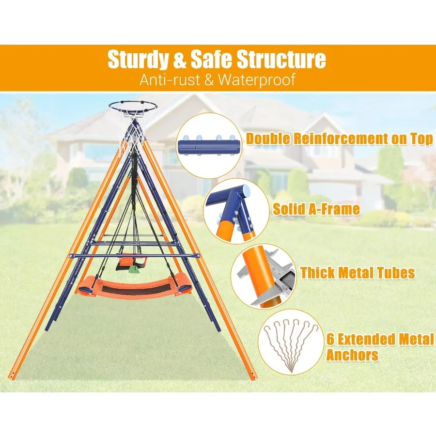 Schaukelsets für den Hinterhof, 700 lbs, 6-in-1-Multifunktions-Schaukelset für den Außenbereich, für Spielplatz, größerer, robuster Metall-Schaukelständer mit