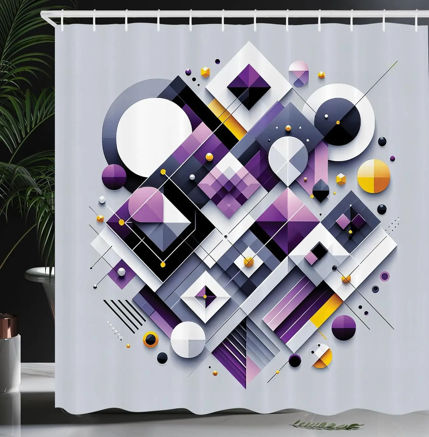 

Geometric Shower Curtain, Abstract and Contemporary Style Shapes Circles Squares Stripes Illustration, Cloth Fabric Bathroom