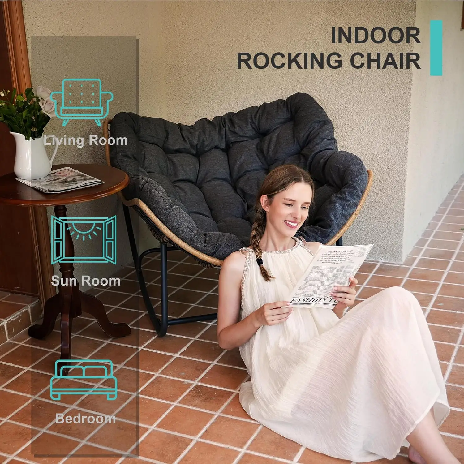 Outdoor Rocking Chair, Patio Egg Rocking Chair, Indoor Papasan Chair,Rattan Wicker Lounge Chair, Modern Royal Chair for Bedroom