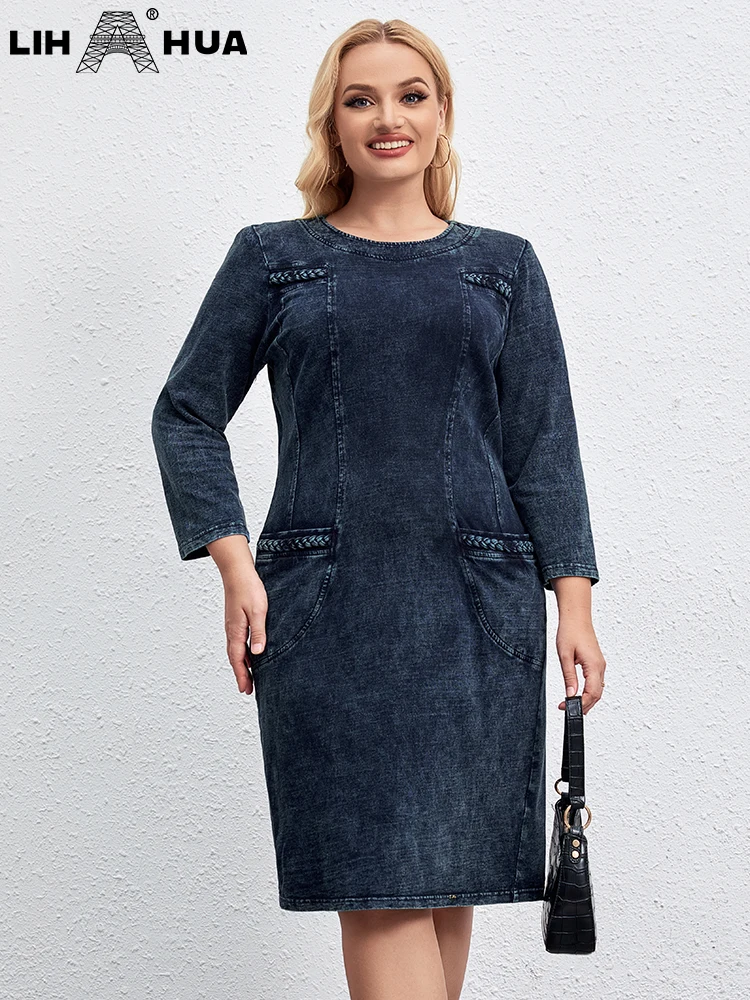 LIH HUA Women\'s Plus Size Denim Dress Round Neck Autumn Cotton Knit Casual Fashion Dress