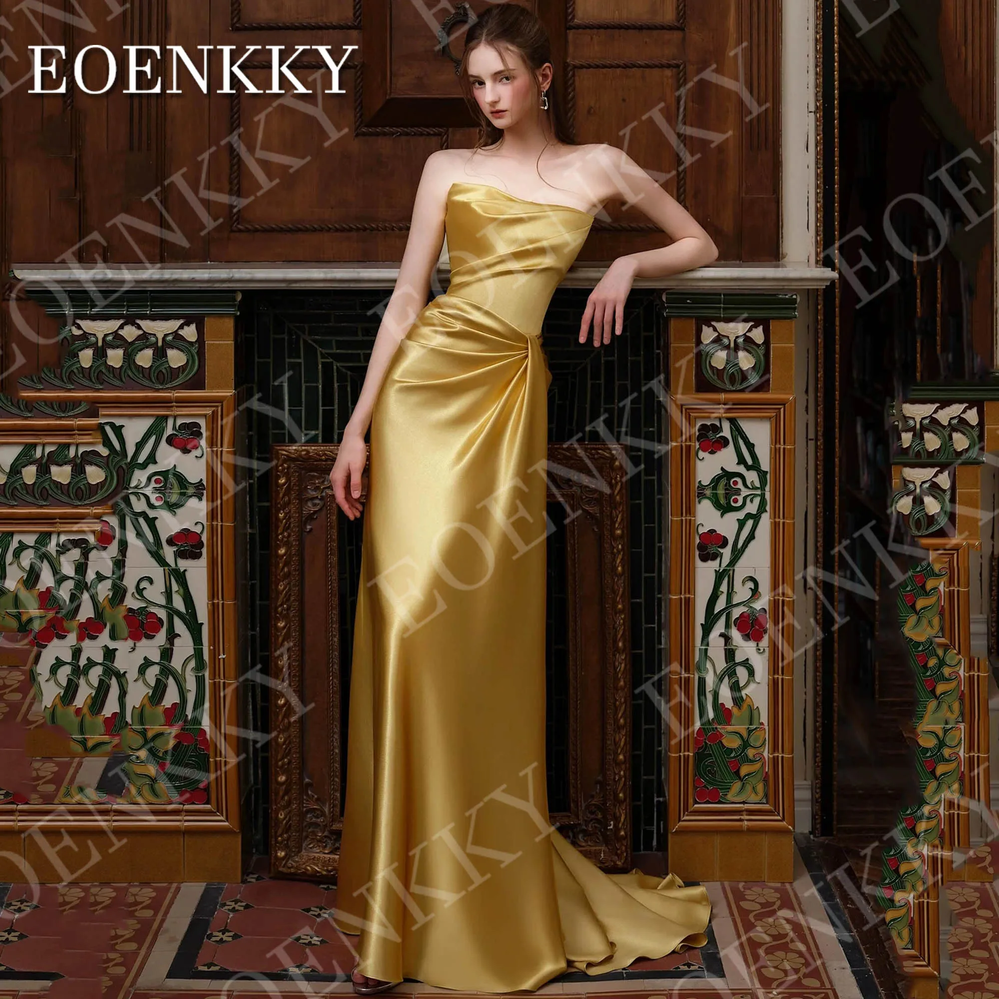 EOENKKY Mermaid Elegant Evening Dresses Sexy Strapless Prom Gowns Customized Satin Gold Party Dress Woman robe de soirée mariage
