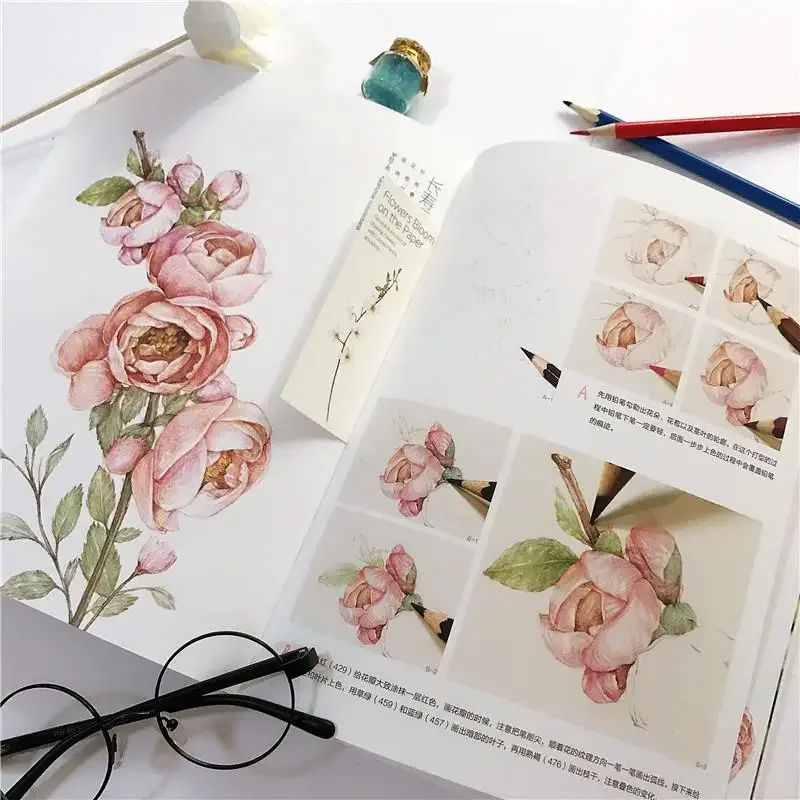 Flower painting open color lead flower tutorial book zero-based self-study colored pencil drawing primer illustration book