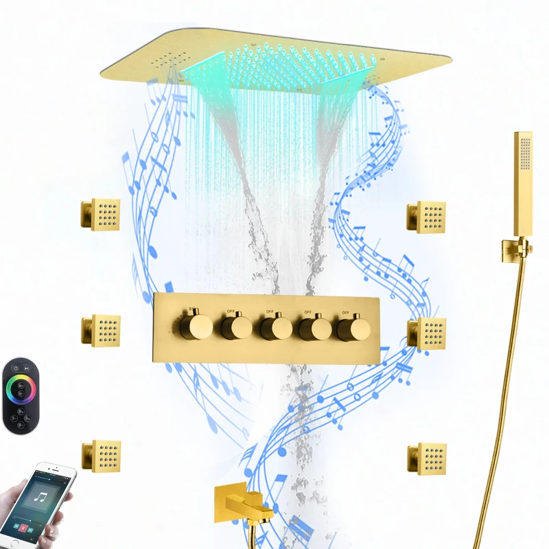 LED Music Concealed Shower System Ceiling Rainfall Shower Head Brass Waterfall Bathrooom Faucets Intelligent LED Bath Shower Set