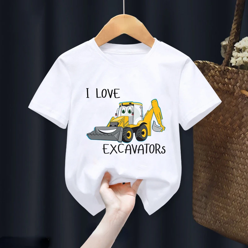 I Love Excavators Fire Trucks Garbage Trucks Cranes T Shirt Happy Birthday Gift Boy Girl Tshirt Party Gift Kids Clothes Tops