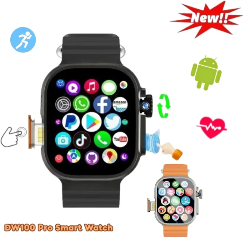 

DW100 Pro smartwatch 8MP rotating camera 2.29-inch Amoled screen GPS WIFI with fingerprint unlock touch function