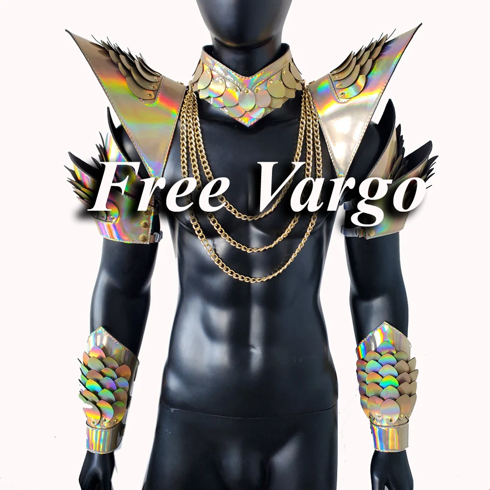 

Burning Man Holographic Laser Gold Dragon Scale Armor,Festival Choker Cape with Chain,Rave Shoulder Pads Carnival Outfit Costume