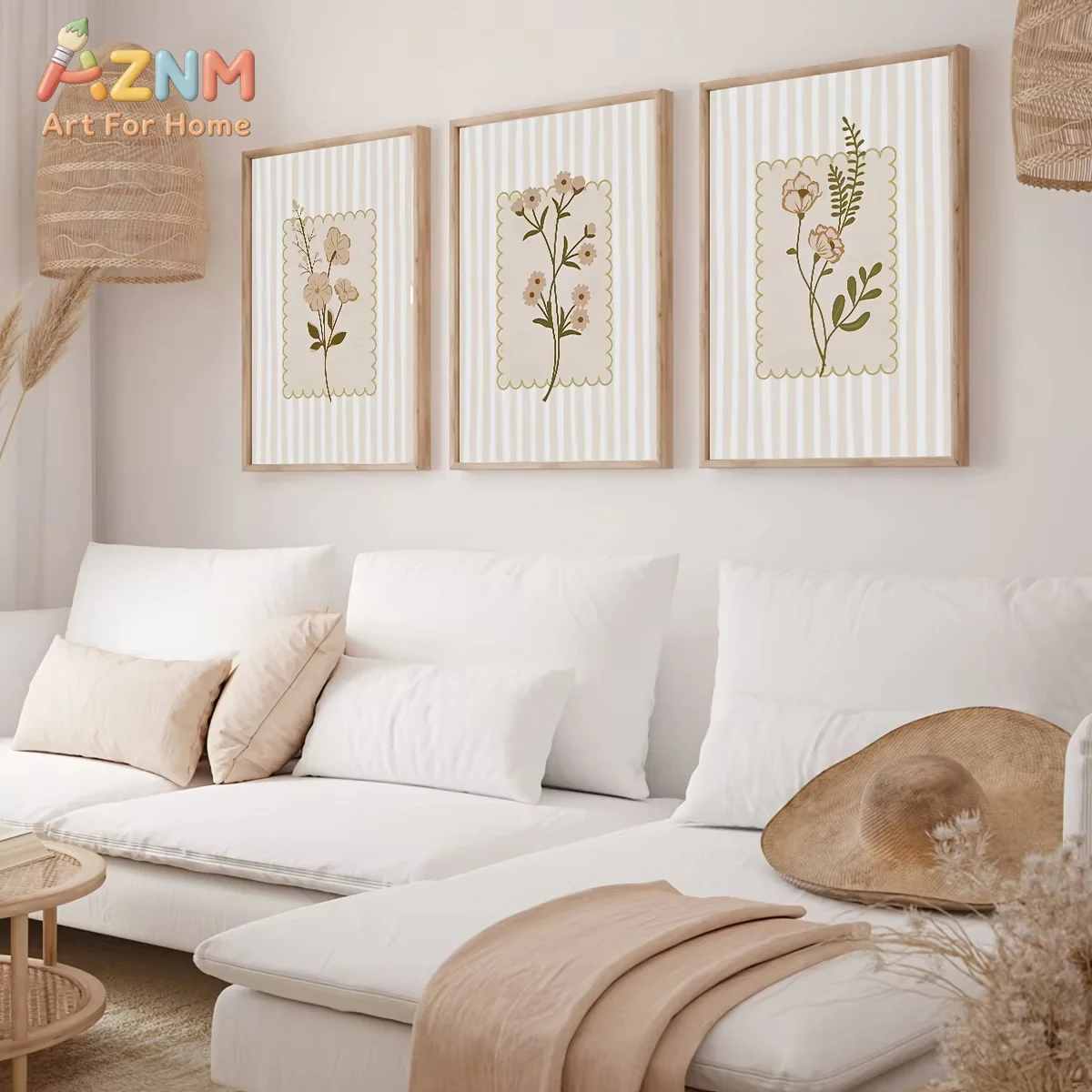 AZNM 3pcs Orange Striped Flower Canvas Poster Medium Cottagecore Beige Wildflower Striped Plant Wall Art Poster for Home Decor