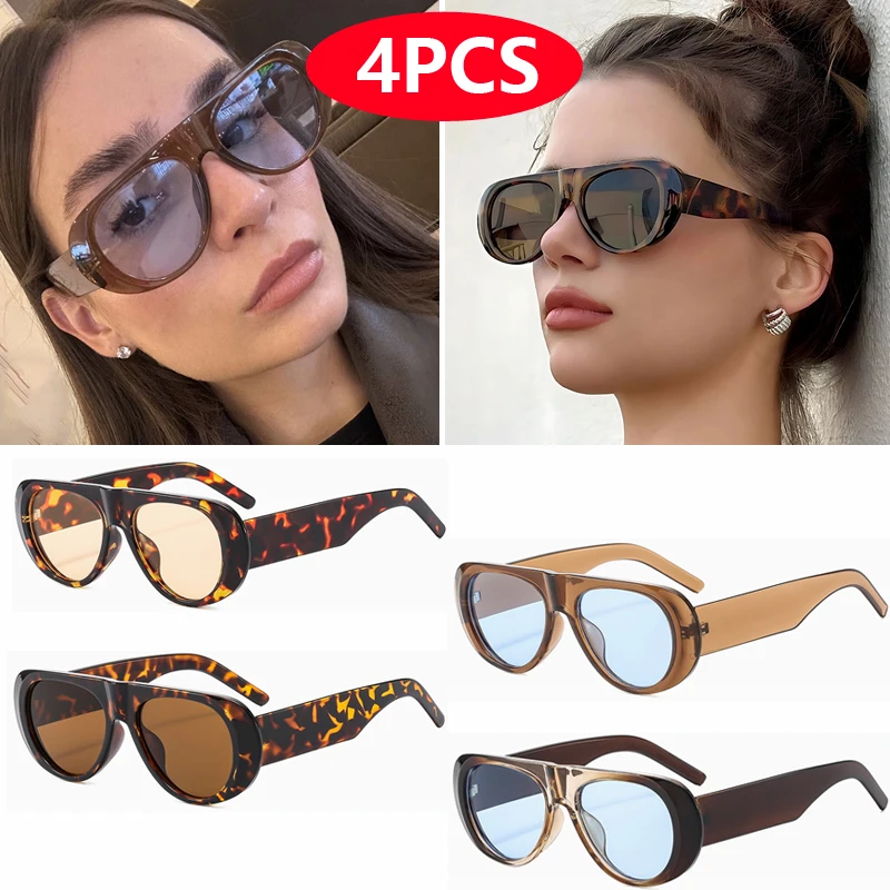 4pcs New Fashion Women Large Frame Retro Sunglasses Sets UV Resistant Oval Female Advanced Minimalist Style Glasses