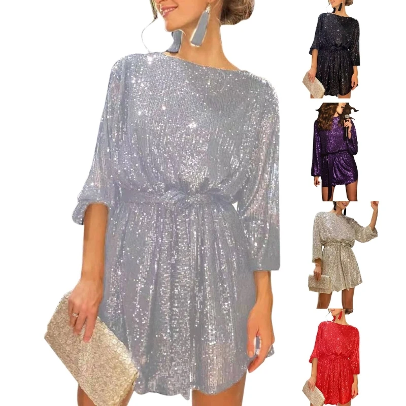 

Womens Puff Long Sleeve Glitter Sequin Dress with Belt Evening Wedding Bridesmaid Loose Fit Mini Short Dresses