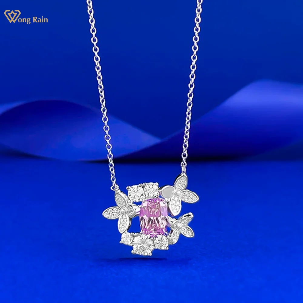 

Wong Rain 100% 925 Sterling Silver Lab Sapphire High Carbon Diamond Gemstone Flower Pendant Necklace Fine Jewelry Gift Wholesale