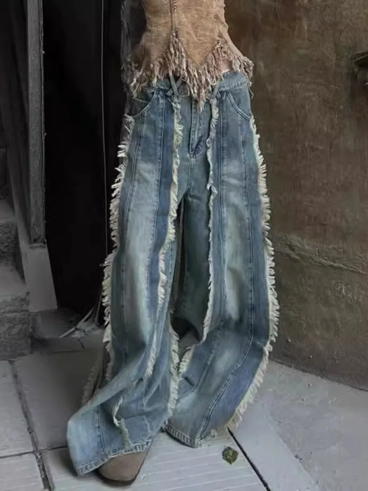 LGRQ 2025, Frühjahr Neue Frauen Volle Länge Denim Hosen Quasten Gespleißt Taschen Distressed Waschbar Breite Bein Hosen Weibliche 19ZZ1699