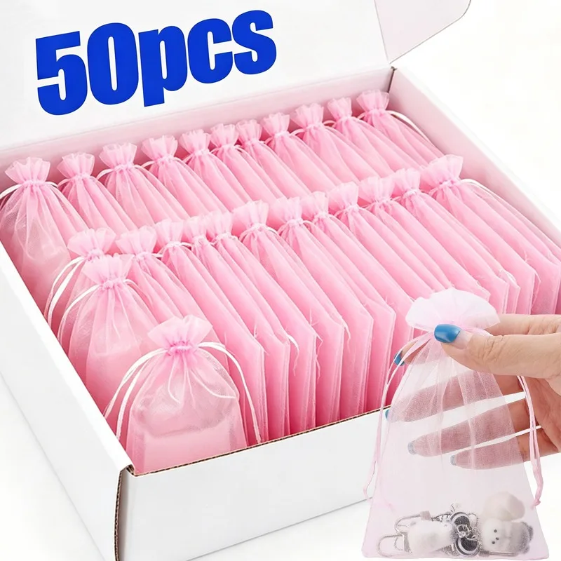 10-50pcs Jewelry Packaging Bag Organza Bags Gift Pink Storage Wedding Drawstring Pouches Multi Size Small Medium Large Set