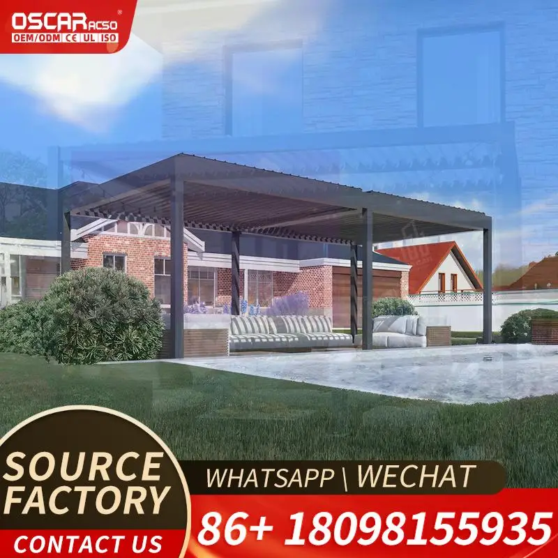 Outdoor Slant Wall mounted Glass Greenhouse Bioclimatic Pergola Electric Cover for All Seasons Long term Use Backyard Terrace Ga