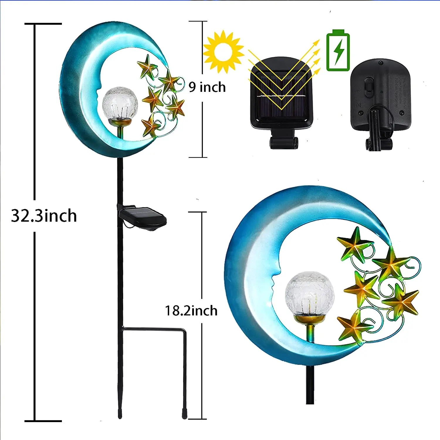 Outdoor Solar Powered Garden Lights, Decorative Crackle Glass Globe, Waterproof Landscape Lighting, Stars and Moon