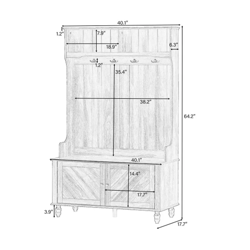 Halboom met 4 haken, kleerhanger, inkombank, opbergbank, 3-in-1 ontwerp, 40 INCH, voor entree, hal (zwart)