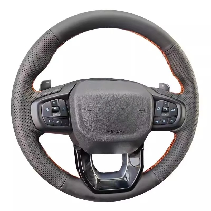 

For Ford Ranger Everest 2022-2024 Hand-stitch Black Genuine Leather non-slip car Steering Wheel Cover auto parts