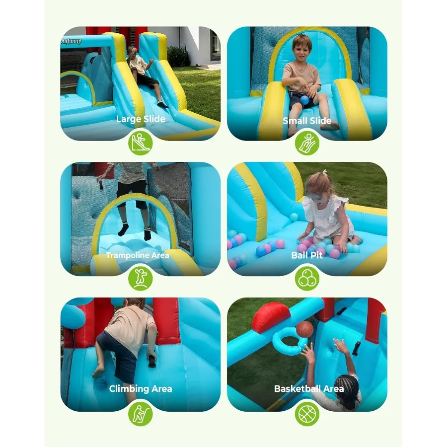 Casa inflável do salto casa inflável para meninos 3-12 com slide uso interno exterior 450w ventilador de alta eficiência céu azul design fo