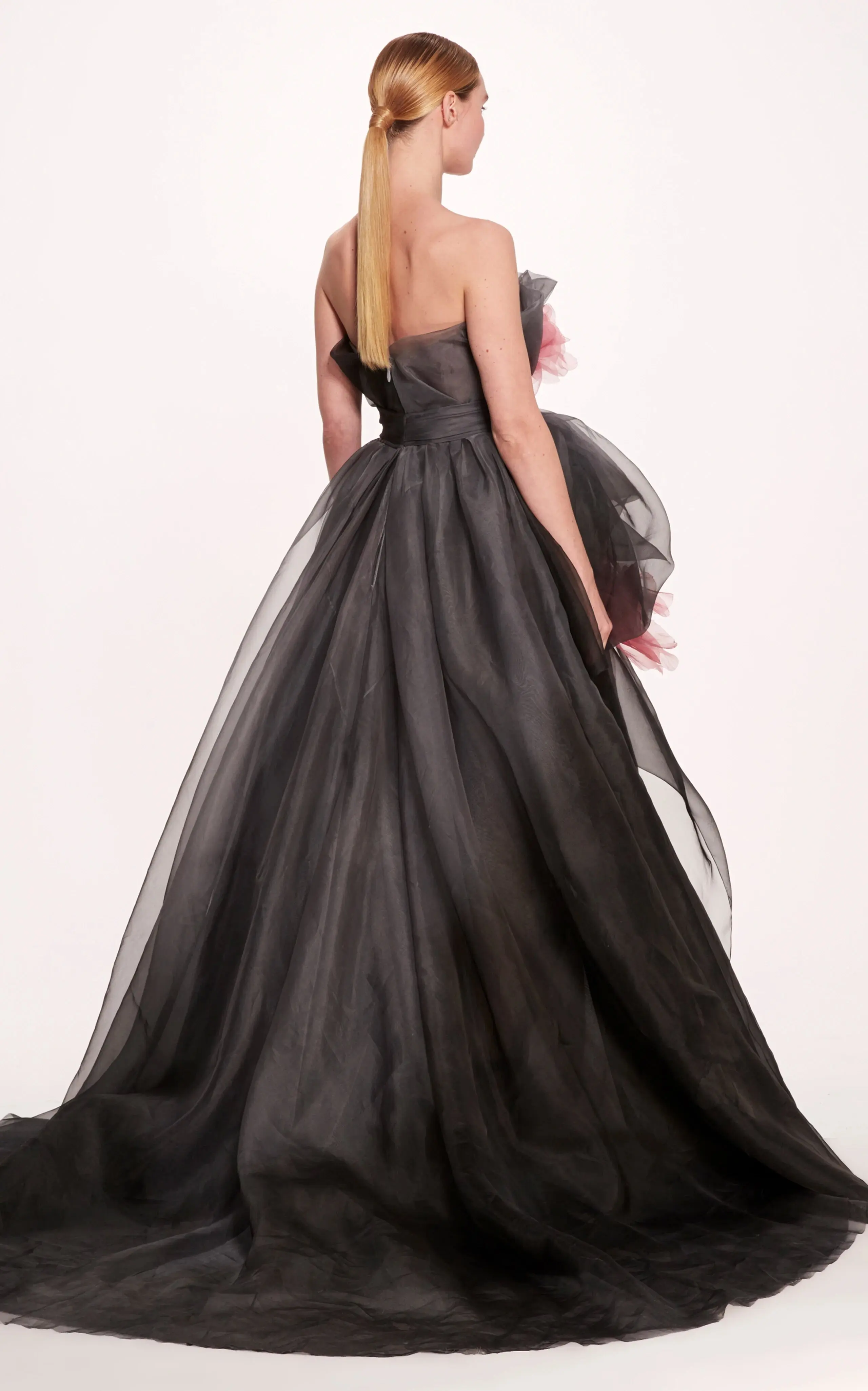 2023 Couture Black Organza Formal Dress Strapless 3D Rosette Long Prom Party Dresses with Liner Handmade vestidos de fiesta