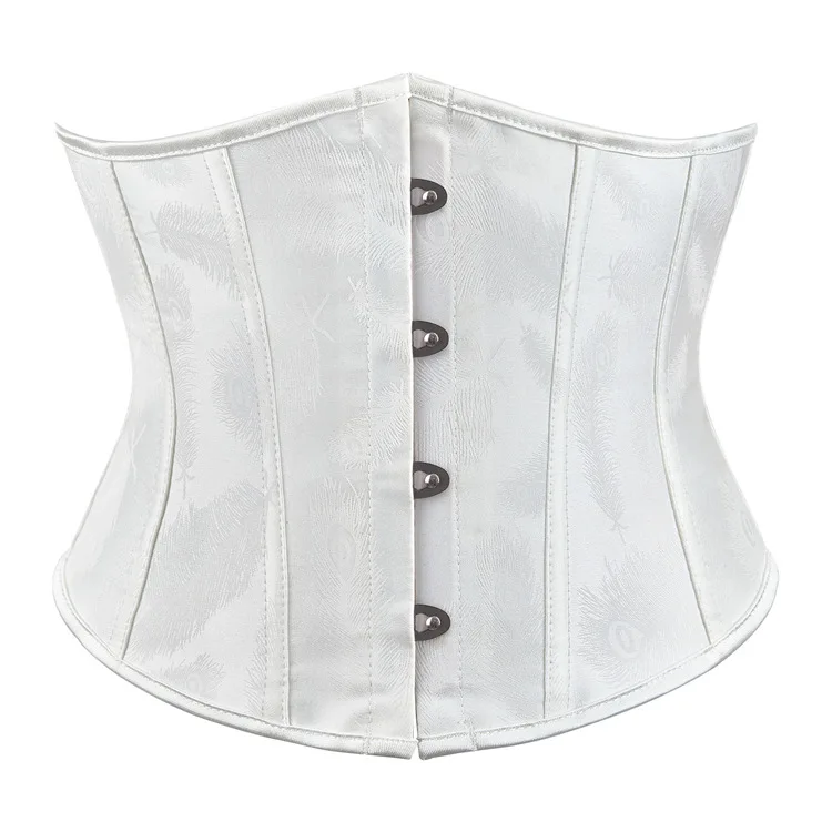 Women Short Underbust Corset Waist Trainer Belt Satin Feathers Patterned Steel Buckle Corset Vintage Lace-Up Bodice Shaper Tops