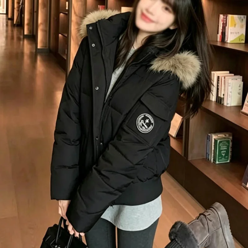 Women's White and Black Fleece-Lined Long Sleeve Sweatshirt Jacket Y2K American Streetwear Winter Warm Retro Baking Coat Jacket