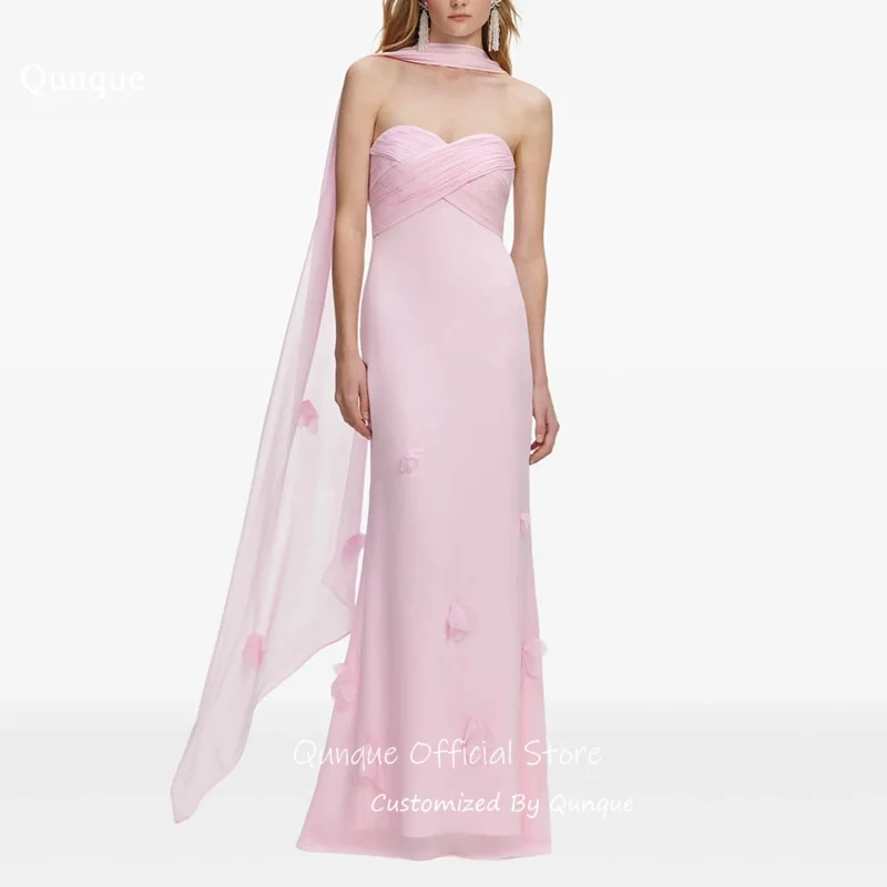 Qunque 3D Florals Appliqué Maxi Evening Dress Ribbons Sweetheart Cocktail Style Prom Gowns Chiffon Robes De Soirée Customized