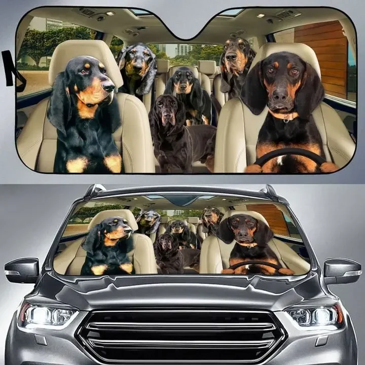 Black and Tan Coonhound Driver Car Sun Shade Pet Family Auto Front Window Windshield Car Sunshade Anti-Sunlight Automotive Cover