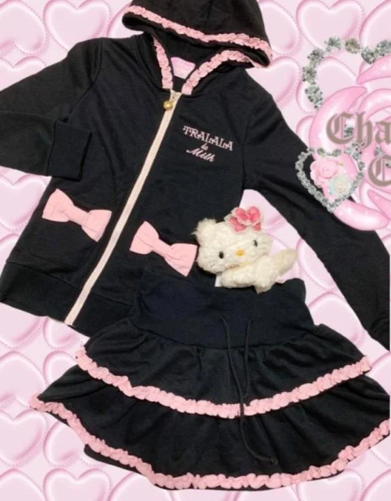 

Kawaii Hoodie Oversized Top Winter Clothing Women Cute Lace Pink Punk Sweatshirt Harajuku Kpop Zip Up Hoodies Gothic Y2k Clothes